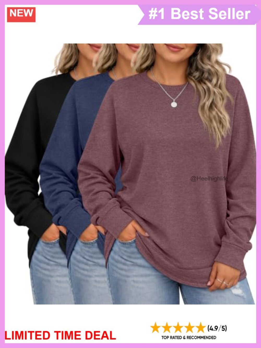 Plus Size Cotton Sweatshirts 3 Pack Long Sleeve Curved Hem Tunic Tops